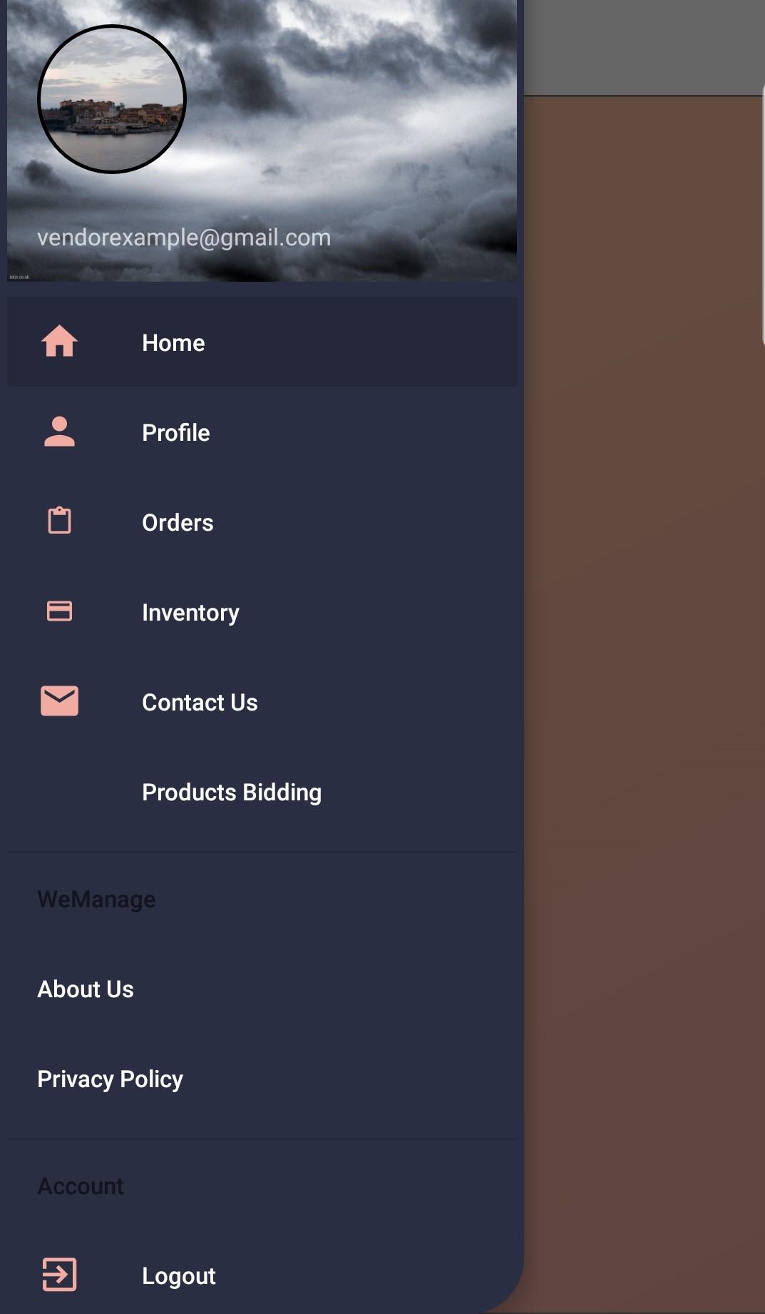 We Manage vendor navigation menu showing home, orders, inventory, and bidding